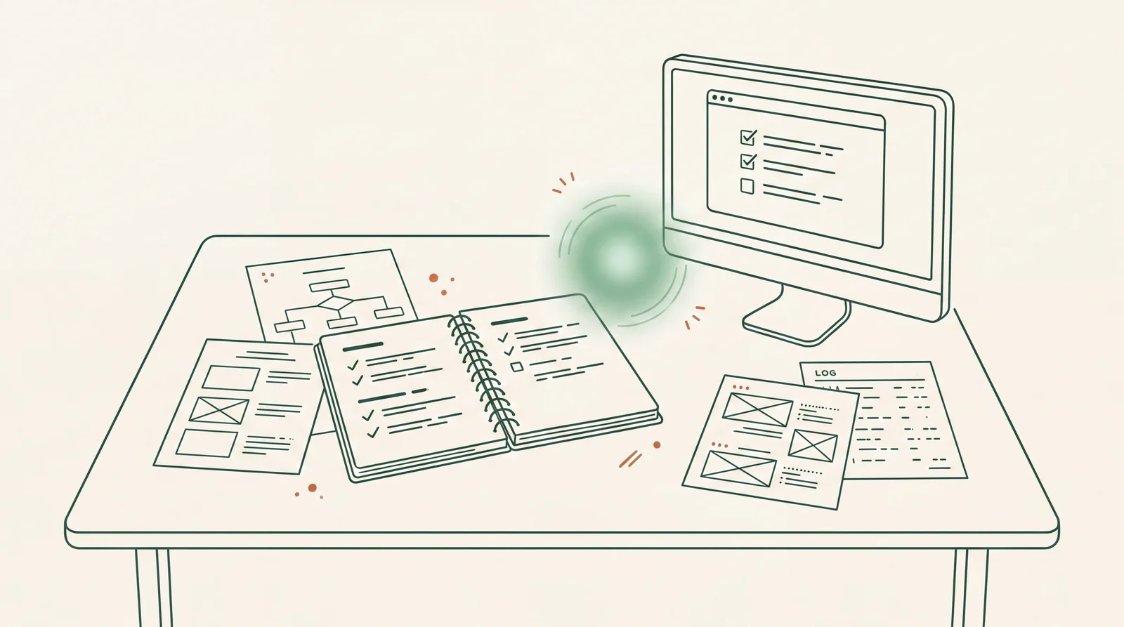 Office worker following a browser task checklist with printed plan sheets, screenshot thumbnails, and log pages on a desk, editorial line art, no text