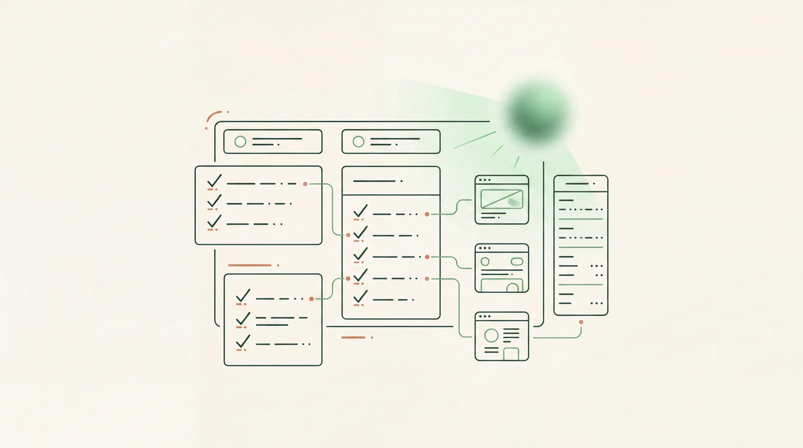 Verification board with checked criteria linked to screenshot thumbnails and log references for date range, filters, and final values, editorial line art, no text